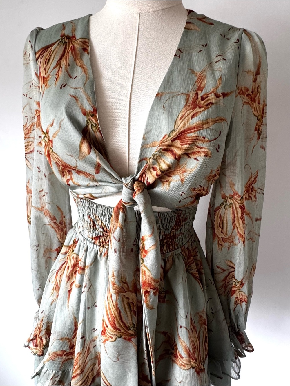Hello Molly Sage Chiffon Tie-Front Mini Dress | XS / US 2 Like New - Picture 5 of 6